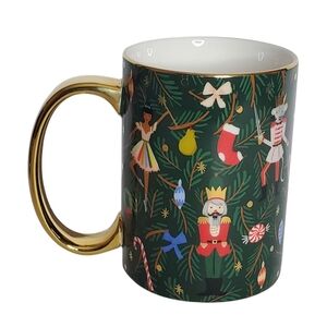 Rifle Paper Co. Nutcracker Porcelain mug Shiny gold handle Christmas Evergreen